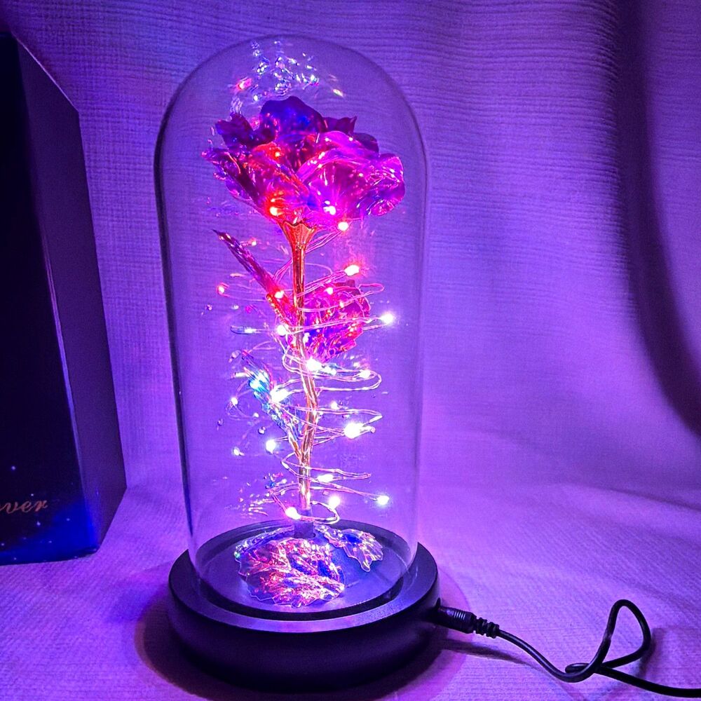 Light Up Galaxy Rose in Glass Dome Purple Artificial Flower LED Lamp Gift 9”